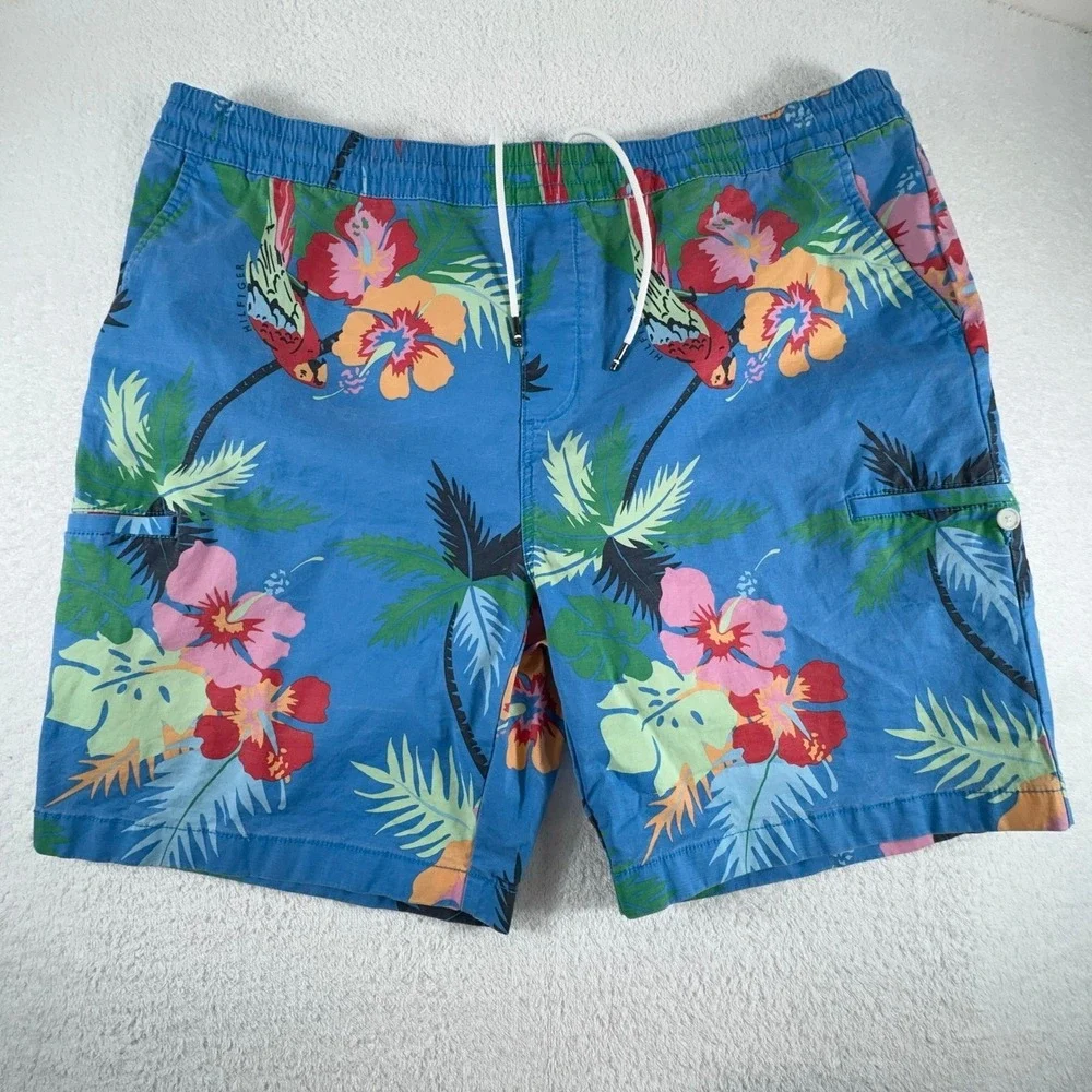 Tommy Hilfiger Shorts Mens 3XL Floral‎ Hawaiian Blue Tropical Drawstring 9